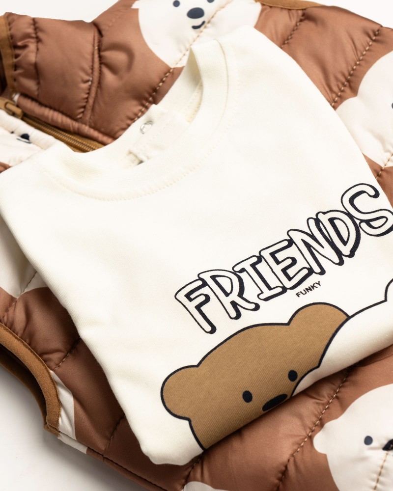 Βρεφικό Σετ 3Τμχ με Αμάνικο Ακουδάκια, Μπλούζα Friends και Παντελόνι Τζιν Αγόρι (6-24μ) -Μόκα- 