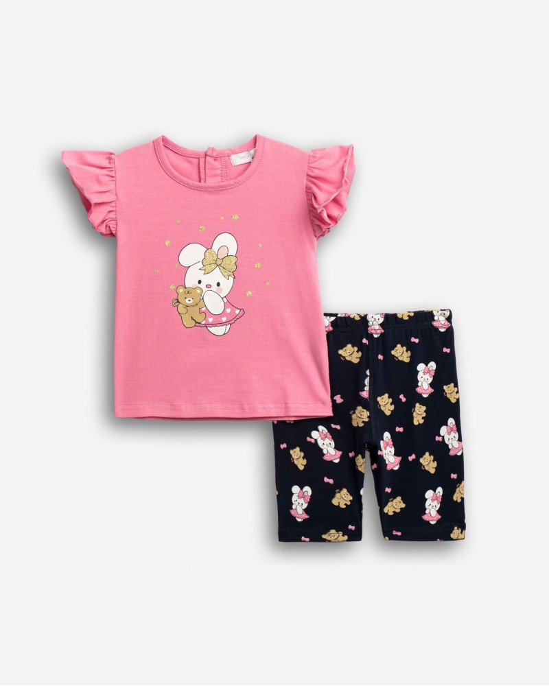 Βρεφικό Σετ Μακό με Μπλούζα Κουνελάκι και Κολάν Κάπρι Κορίτσι (6-24) -Ροζ- 