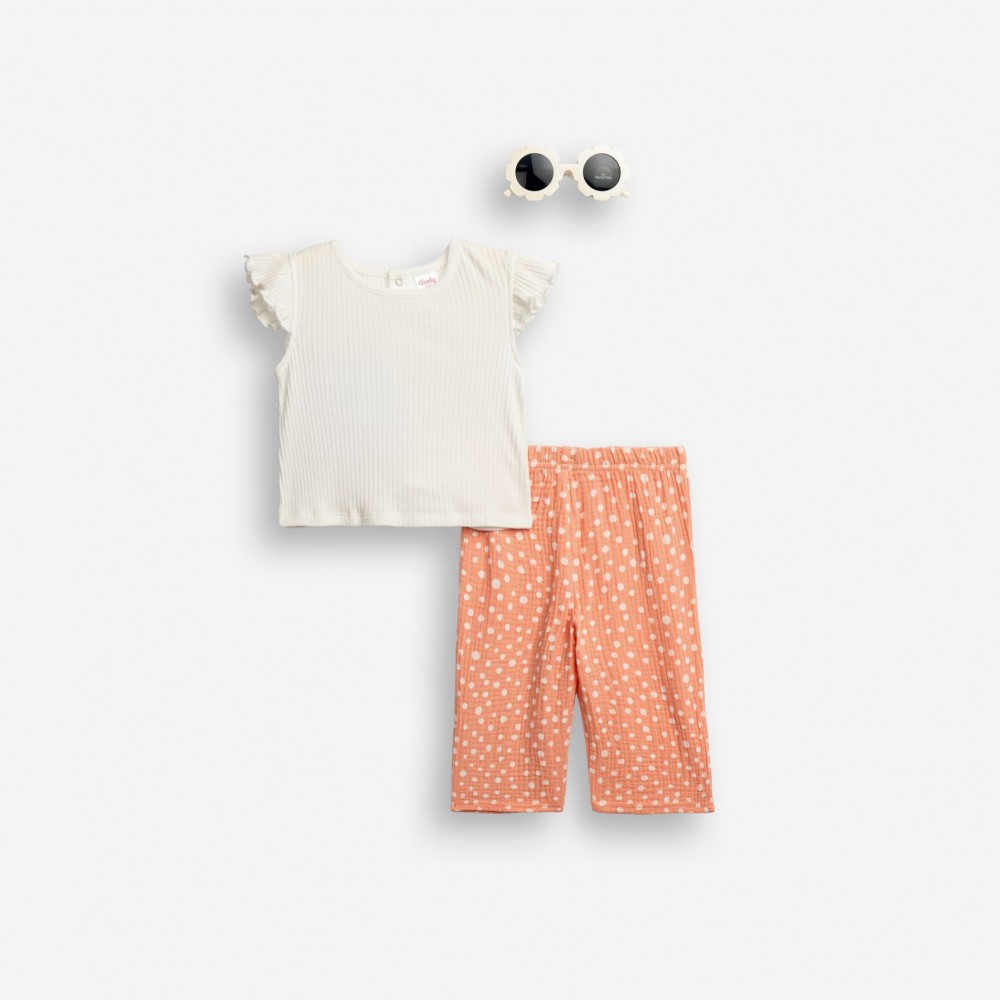 Βρεφικό Σετ 3Τμχ με Μπλούζα Ριπ, Παντελόνι Πουά και Γυαλιά Κορίτσι (6-24μ) -Σομόν- 126-923100-1