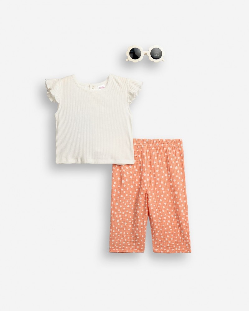 Βρεφικό Σετ 3Τμχ με Μπλούζα Ριπ, Παντελόνι Πουά και Γυαλιά Κορίτσι (6-24μ) -Σομόν- 