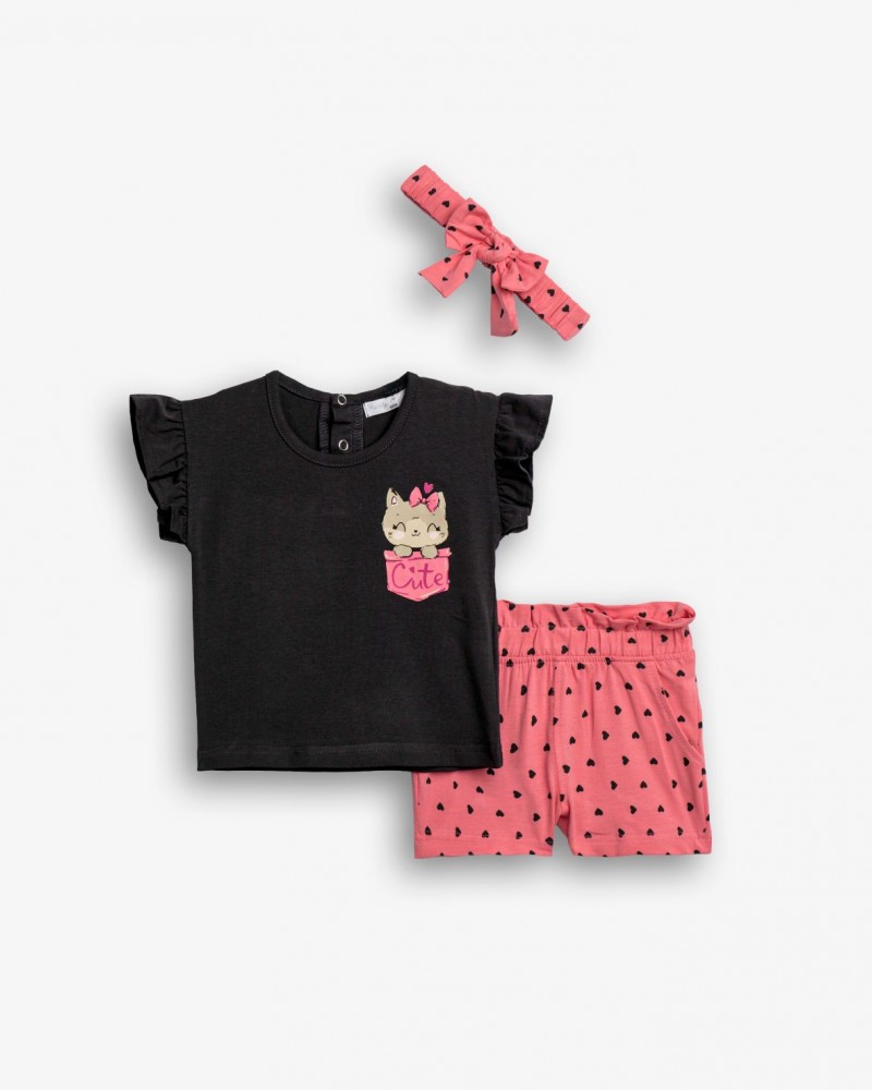 Βρεφικό Σετ 3Τμχ με Μπλούζα Γατάκι, Σορτς και Κορδέλα Κορίτσι (6-24μ) -Ανθρακί- 