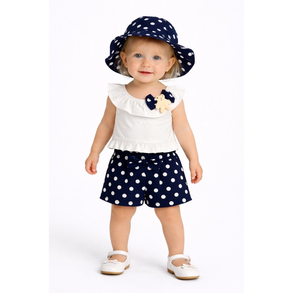 Βρεφικό Σετ 3Τμχ με Μπλούζα με Βολάν, Σορτς Πουά και Καπέλο Κορίτσι (6-24μ) -Λευκό- 