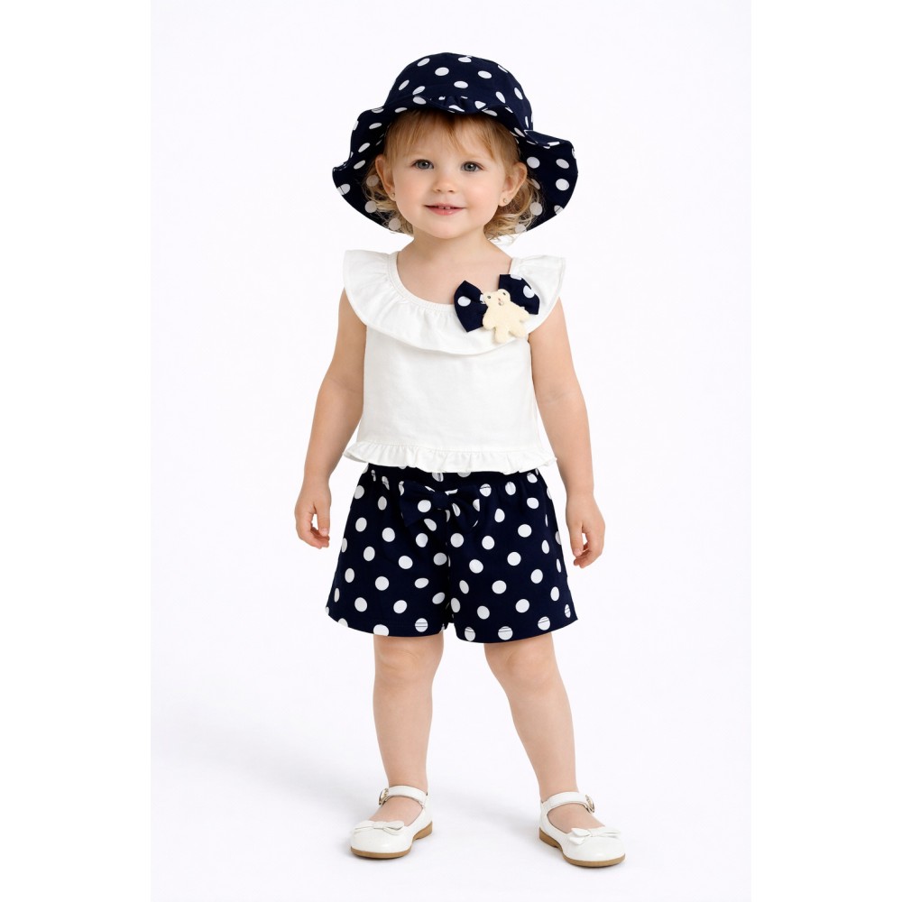 Βρεφικό Σετ 3Τμχ με Μπλούζα με Βολάν, Σορτς Πουά και Καπέλο Κορίτσι (6-24μ) -Λευκό- 