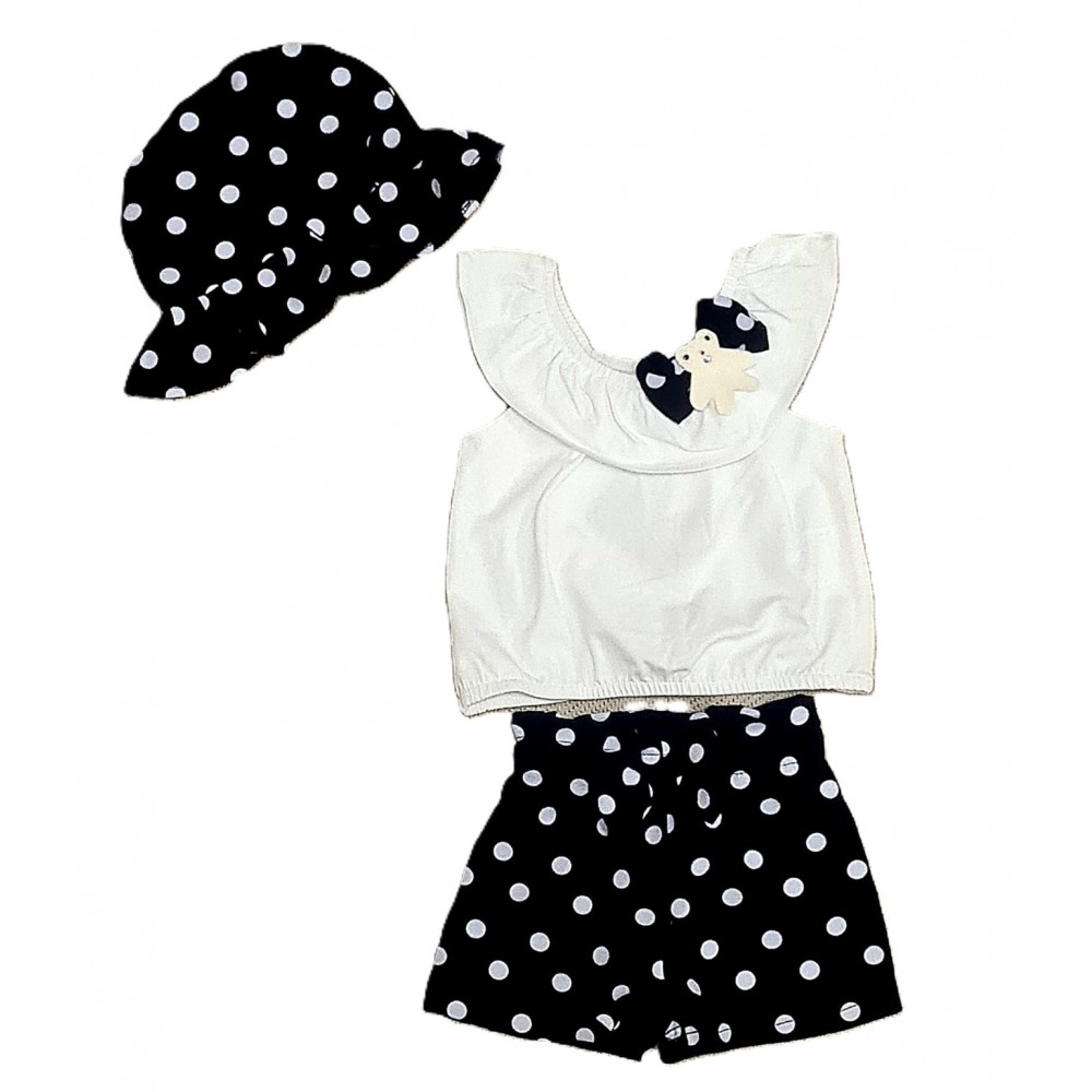 Βρεφικό Σετ 3Τμχ με Μπλούζα με Βολάν, Σορτς Πουά και Καπέλο Κορίτσι (6-24μ) -Λευκό- 126-925100-1