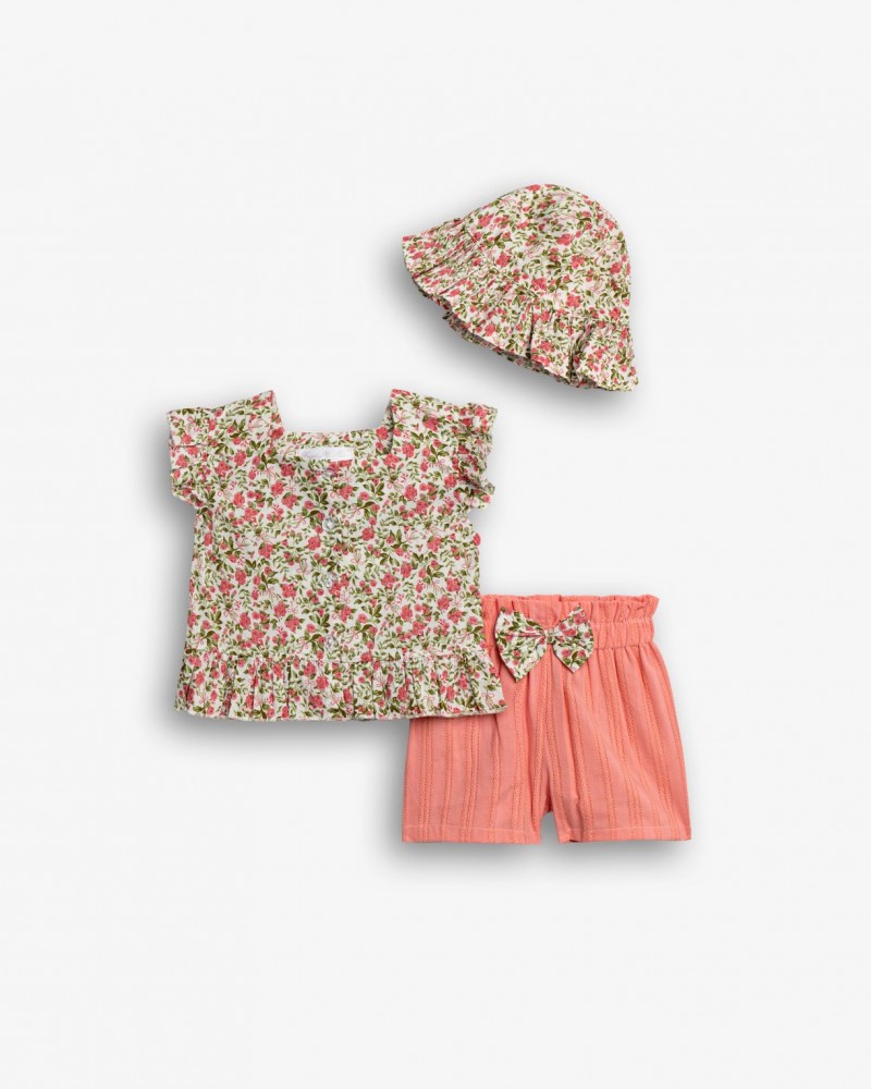 Βρεφικό Σετ 3Τμχ με Μπλούζα Floral με Κουμπάκια, Σορτς και Καπέλο Κορίτσι (6-24μ) -Εμπριμέ- 