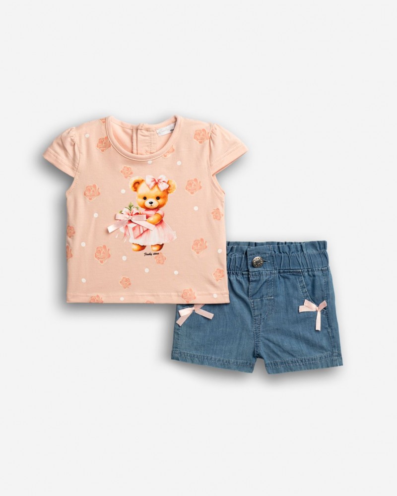 Βρεφικό Σετ με Μπλούζα Αρκουδάκι και Τζιν Σορτς Κορίτσι (6-24μ) –Nude Ροζ– 