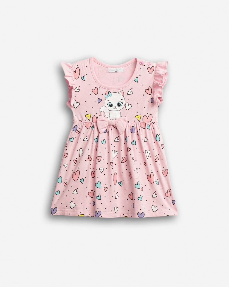 Βρεφικό Μακό Φόρεμα με Τύπωμα Γατάκι Κορίτσι (6-24μ) –Ροζ– 
