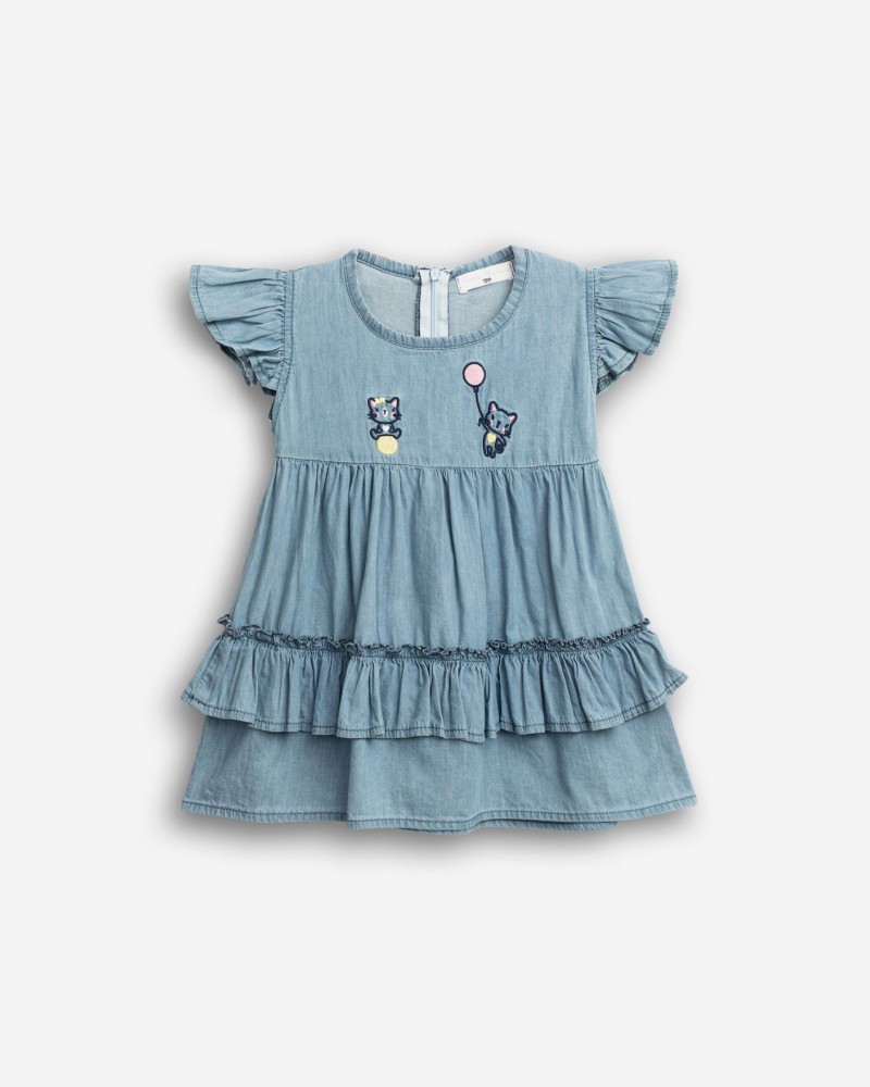 Βρεφικό Φόρεμα Τζιν με Κέντημα Γατάκια Κορίτσι (6-24μ) –Μπλε Τζιν– 