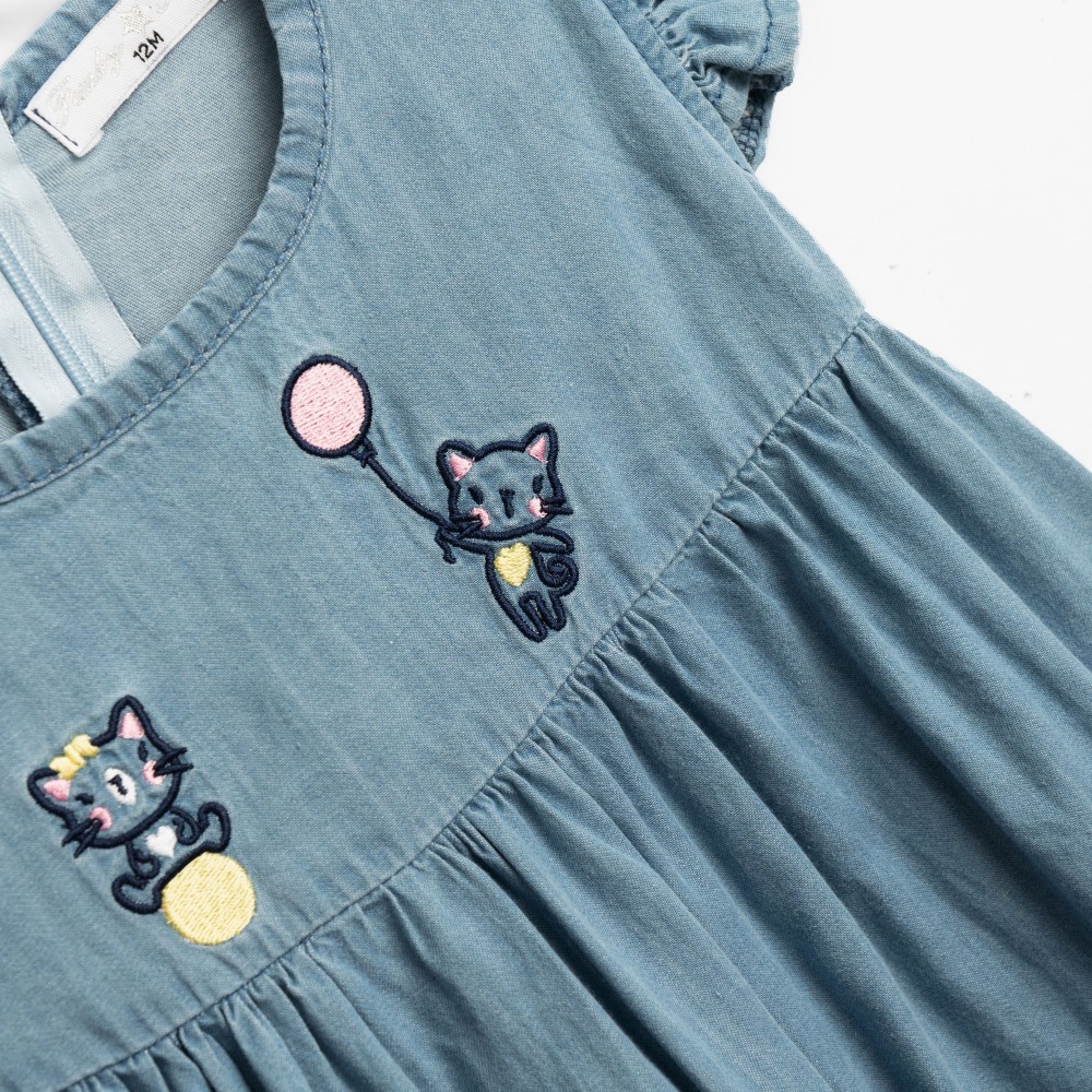 Βρεφικό Φόρεμα Τζιν με Κέντημα Γατάκια Κορίτσι (6-24μ) –Μπλε Τζιν– 126-929109-1