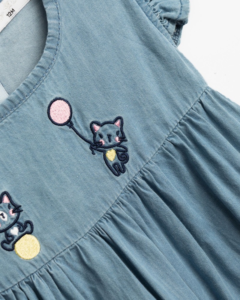 Βρεφικό Φόρεμα Τζιν με Κέντημα Γατάκια Κορίτσι (6-24μ) –Μπλε Τζιν– 