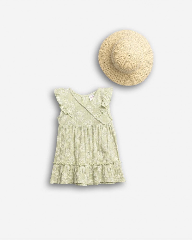 Βρεφικό Φόρεμα με Βολάν και Καπέλο Κορίτσι (6-24μ) –Ανοιχτό Χακί– 