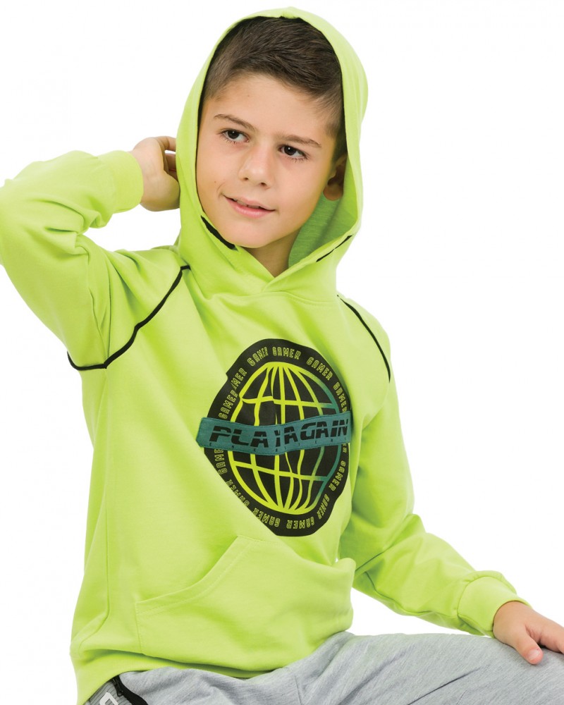 Εφηβική Φούτερ Μπούζα Με Κουκούλα, Hoodie και Τύπωμα Play Again Αγόρι –Λαχανί– 13-223006-5       