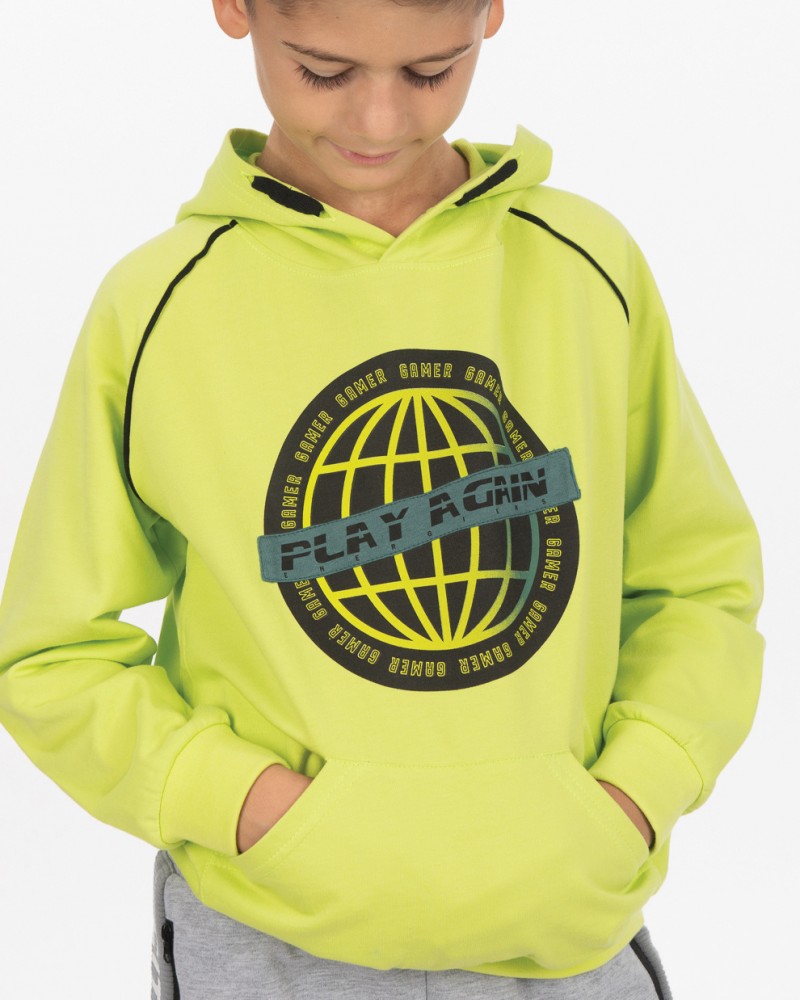 Εφηβική Φούτερ Μπούζα Με Κουκούλα, Hoodie και Τύπωμα Play Again Αγόρι –Λαχανί– 13-223006-5       