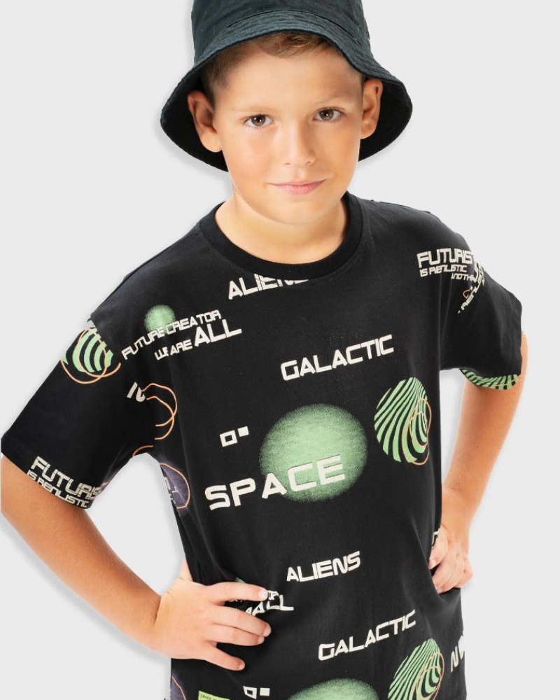 Εφηβική Μπλούζα T-Shirt με Τύπωμα Aliens Space Αγόρι (6-16) -Μαύρο- 13-225026-5