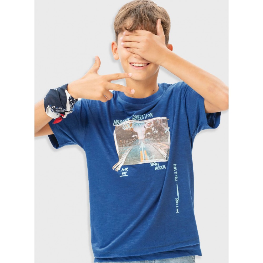 Εφηβική Μπλούζα T-Shirt με Τύπωμα Modern Αγόρι (6-16) -Ίντιγκο- 13-225032-5