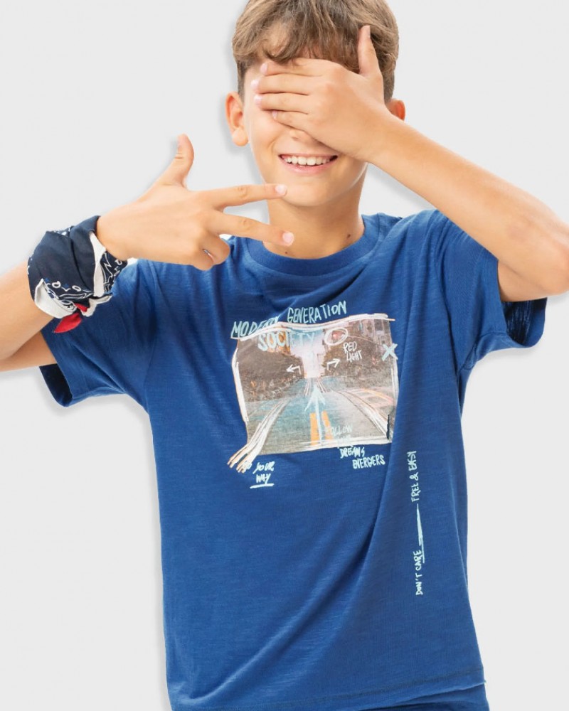 Εφηβική Μπλούζα T-Shirt με Τύπωμα Modern Αγόρι (6-16) -Ίντιγκο- 13-225032-5
