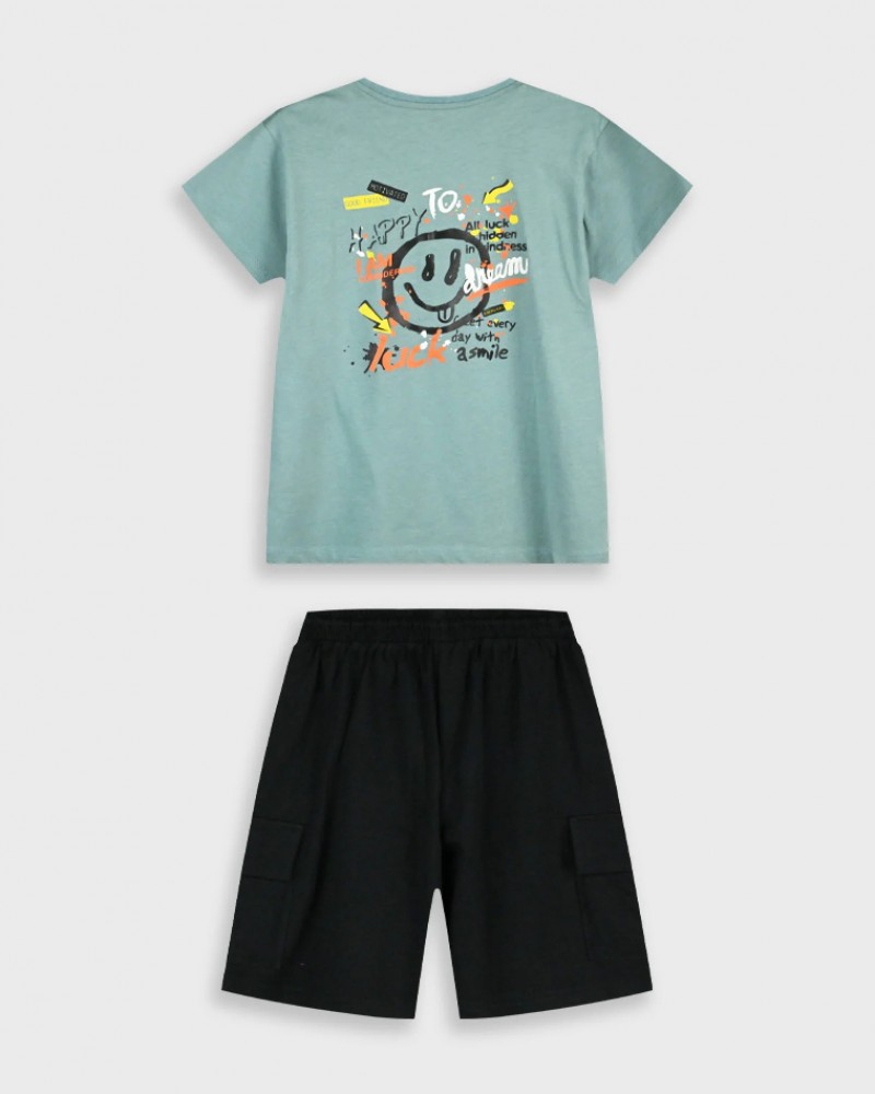 Εφηβικό Σετ Μακό με Μπλούζα Smile Edition και Βερμούδα Cargo Αγόρι (6-16) –Μαύρο– 