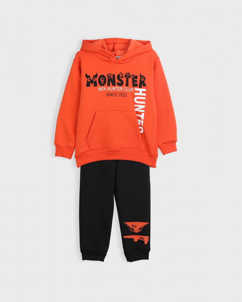 Παιδικό Casual Σετ Φούτερ Φόρμα Με Κουκούλα Monster Αγόρι -Πορτοκαλί- 142123