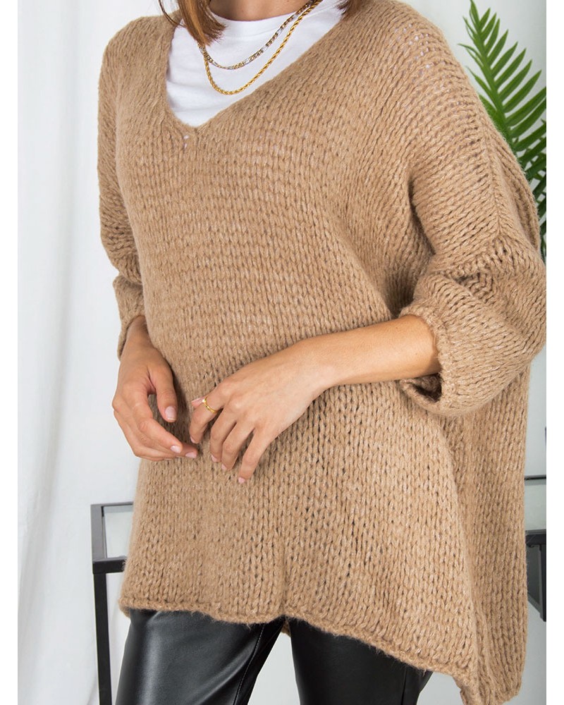 Mπλούζα Πλεκτή Πουλόβερ Oversized -Καφέ-