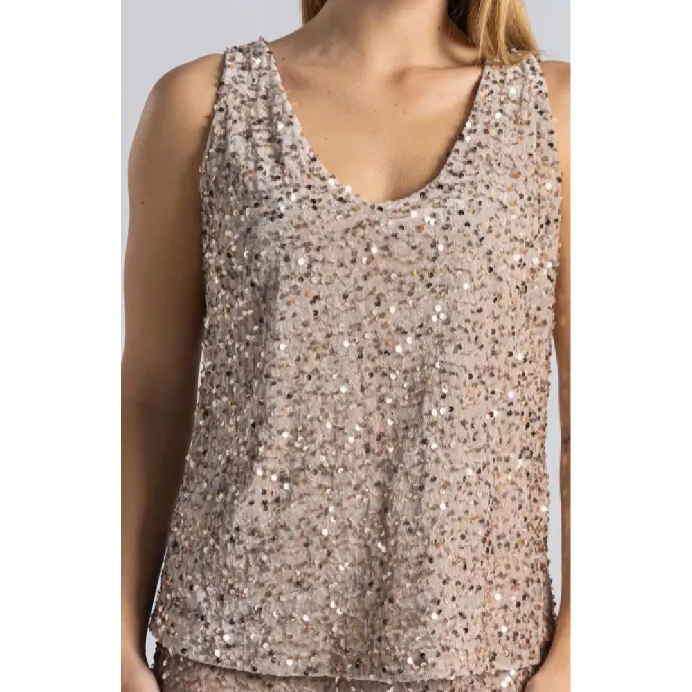 Αμάνικη Μπλούζα Βελουτέ με Παγιέτα -Σαμπάνια-