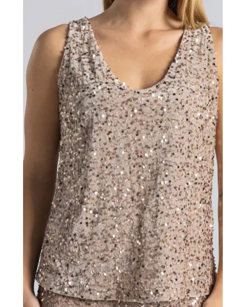 Αμάνικη Μπλούζα Βελουτέ με Παγιέτα -Σαμπάνια-