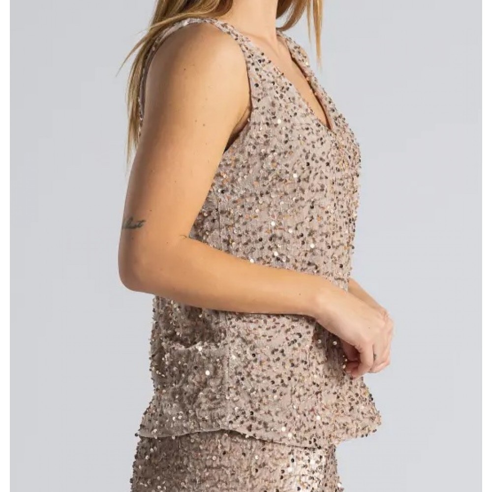 Αμάνικη Μπλούζα Βελουτέ με Παγιέτα -Σαμπάνια-