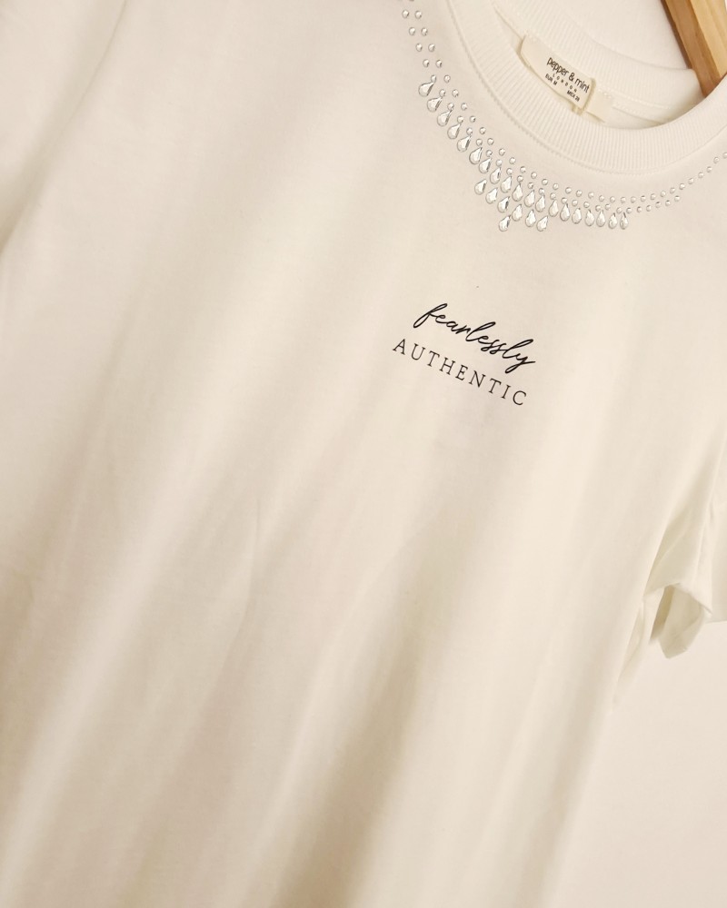 Μπλούζα T-Shirt Μακό με Στρας -Εκρού- 14761