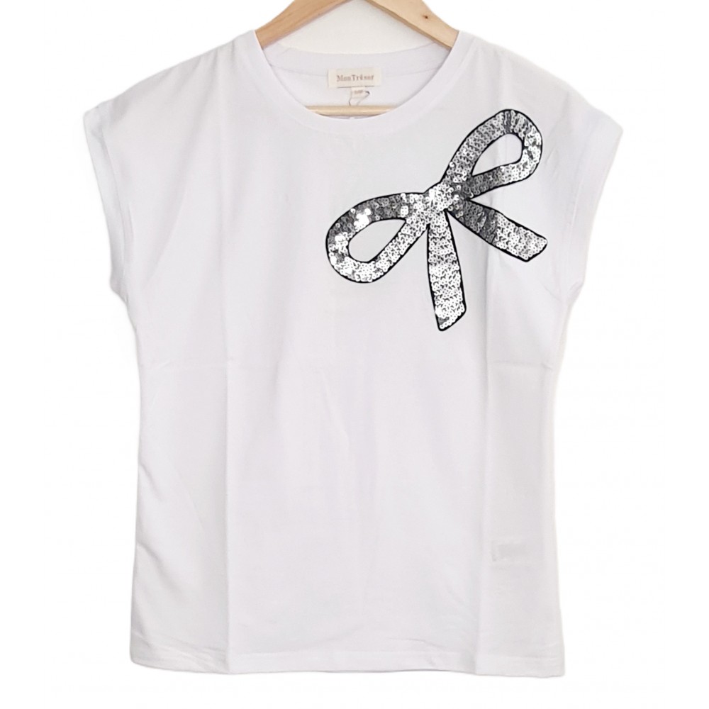 T-Shirt Μπλούζα Μακό με Φιόγκο από Παγιέτα -Λευκό- 1476 T-Shirt Μπλούζα Μακό με Φιόγκο από Παγιέτα -Λευκό- 1476