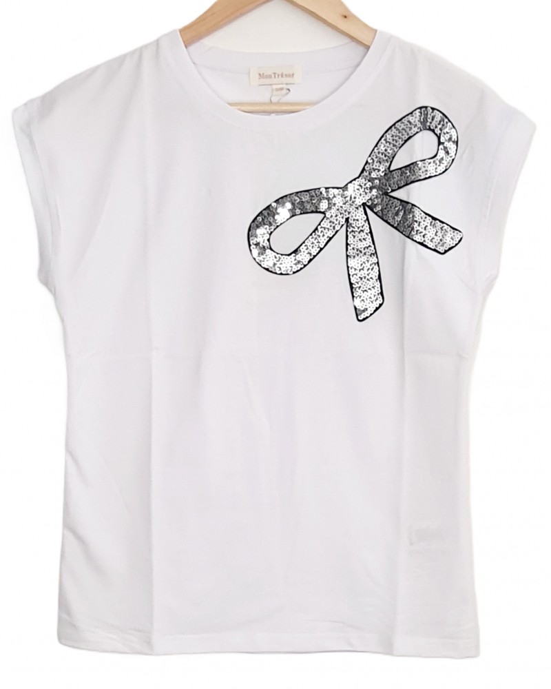 T-Shirt Μπλούζα Μακό με Φιόγκο από Παγιέτα -Λευκό- 1476