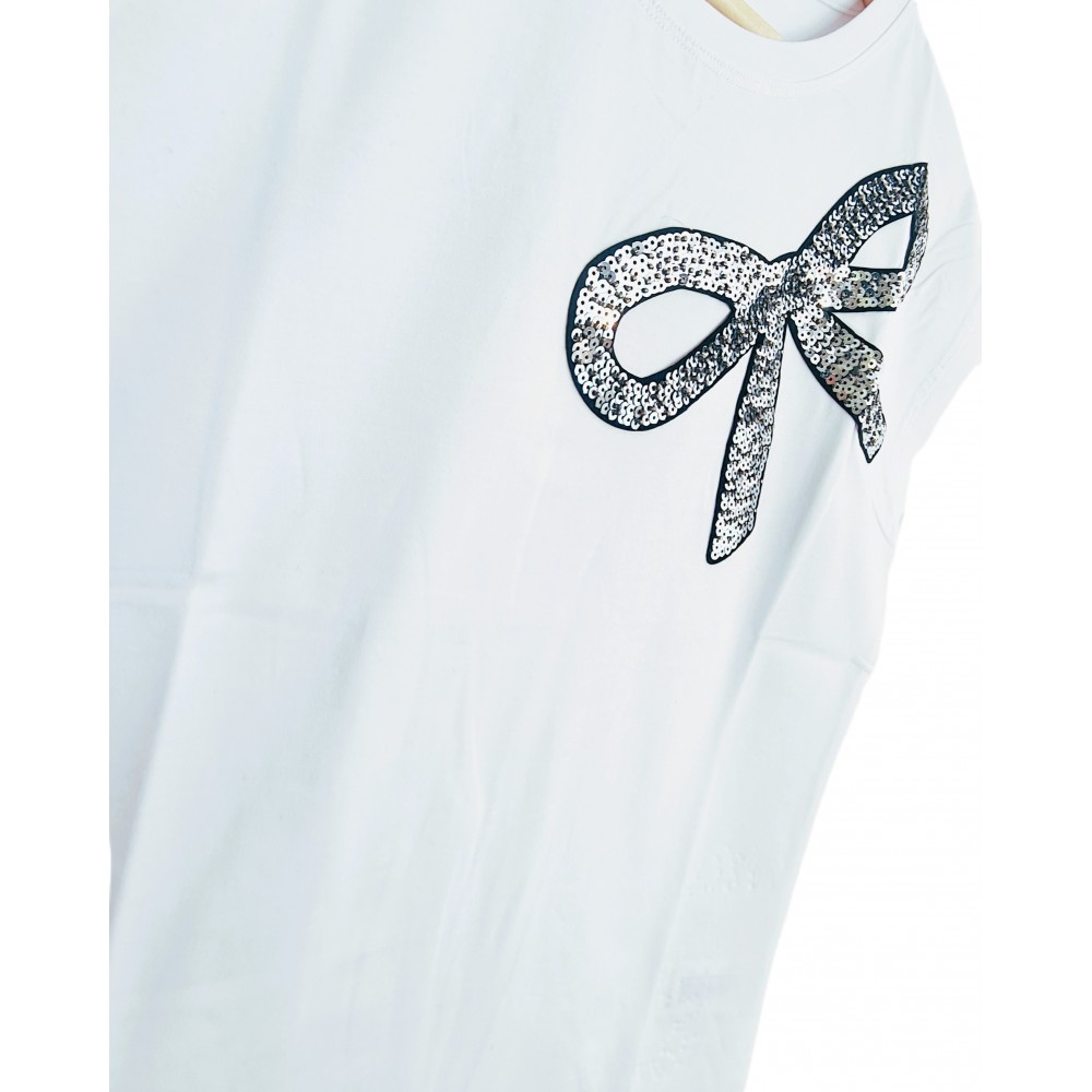 T-Shirt Μπλούζα Μακό με Φιόγκο από Παγιέτα -Λευκό- 1476 T-Shirt Μπλούζα Μακό με Φιόγκο από Παγιέτα -Λευκό- 1476