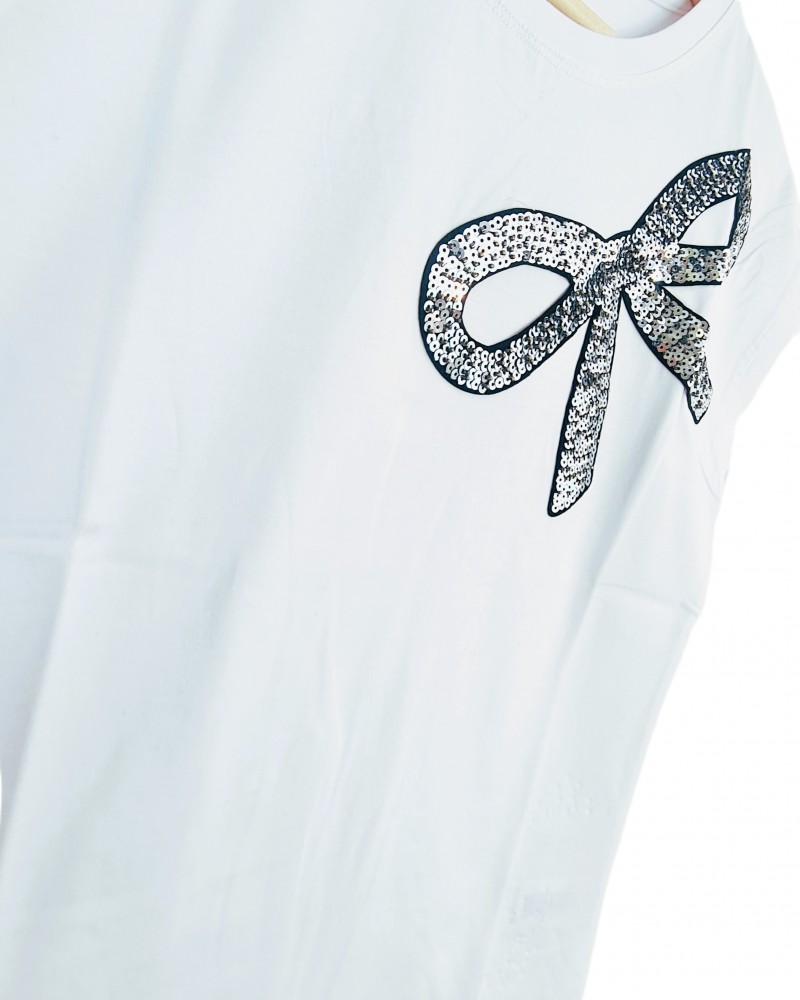 T-Shirt Μπλούζα Μακό με Φιόγκο από Παγιέτα -Λευκό- 1476