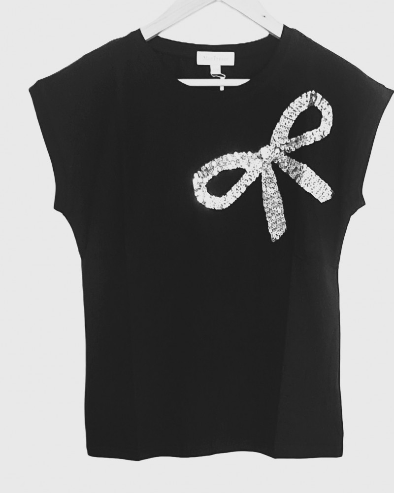 T-Shirt Μπλούζα Μακό με Φιόγκο από Παγιέτα -Μαύρο- 1476