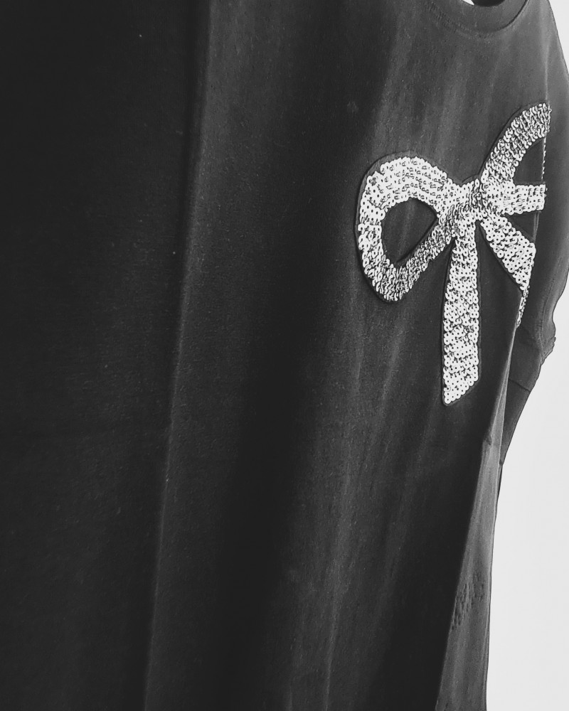 T-Shirt Μπλούζα Μακό με Φιόγκο από Παγιέτα -Μαύρο- 1476