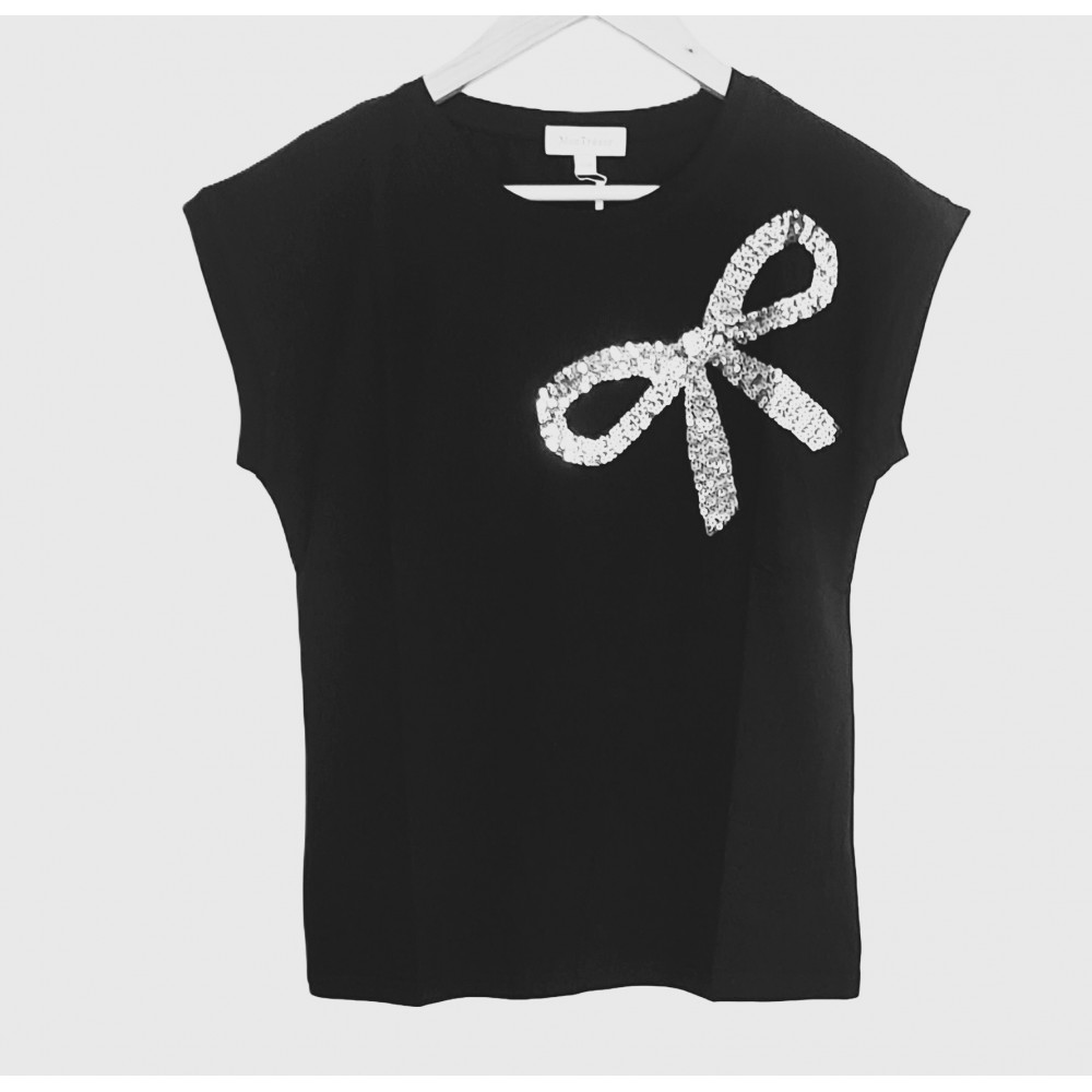 T-Shirt Μπλούζα Μακό με Φιόγκο από Παγιέτα -Μαύρο- 1476