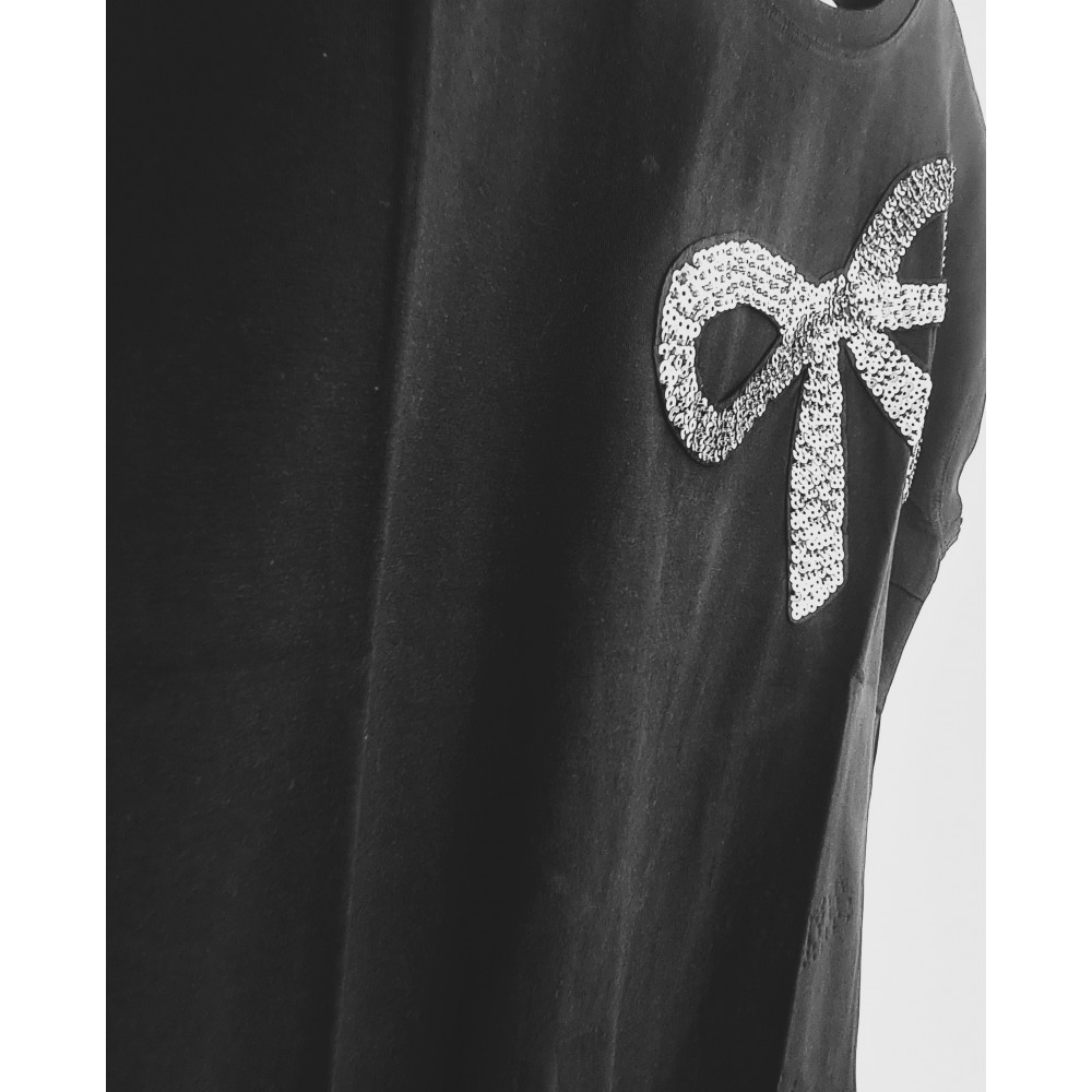 T-Shirt Μπλούζα Μακό με Φιόγκο από Παγιέτα -Μαύρο- 1476