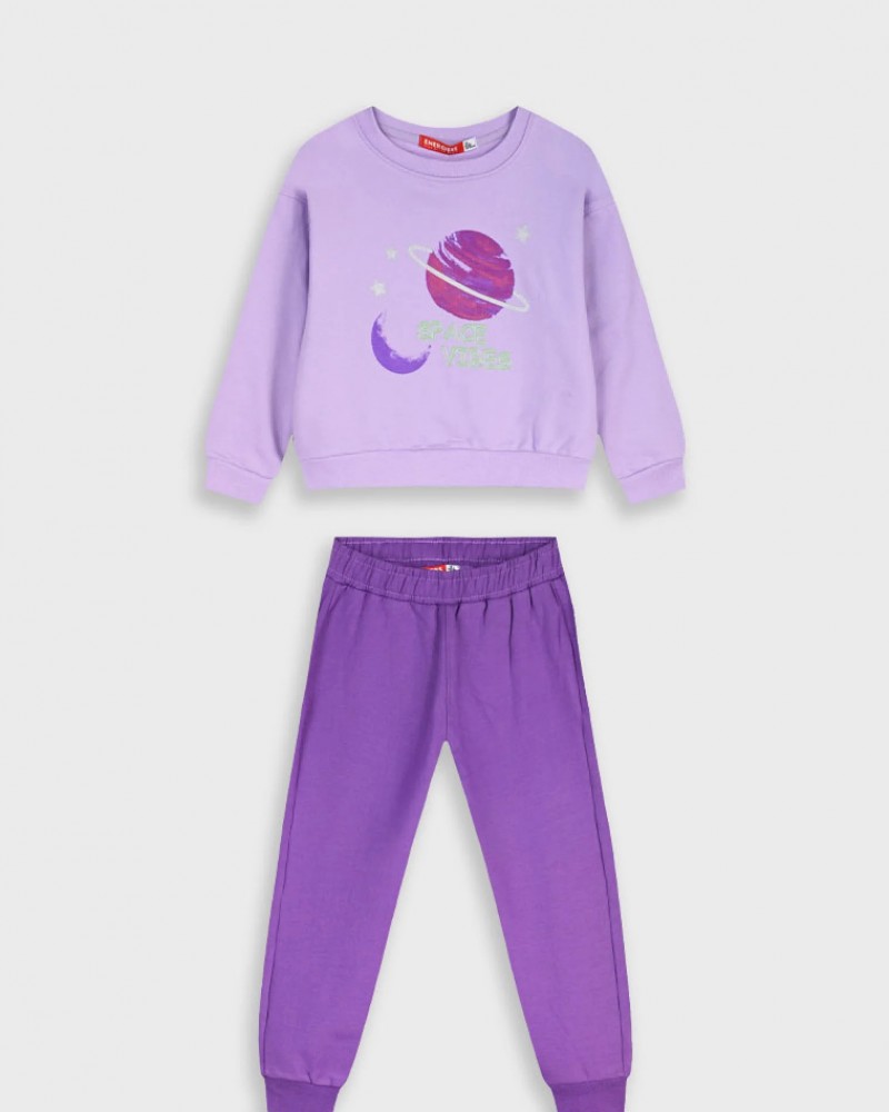 Παιδικό Σετ Φούτερ Φόρμας Με Τύπωμα Space Vibes Κορίτσι (2-6) -Μωβε- 