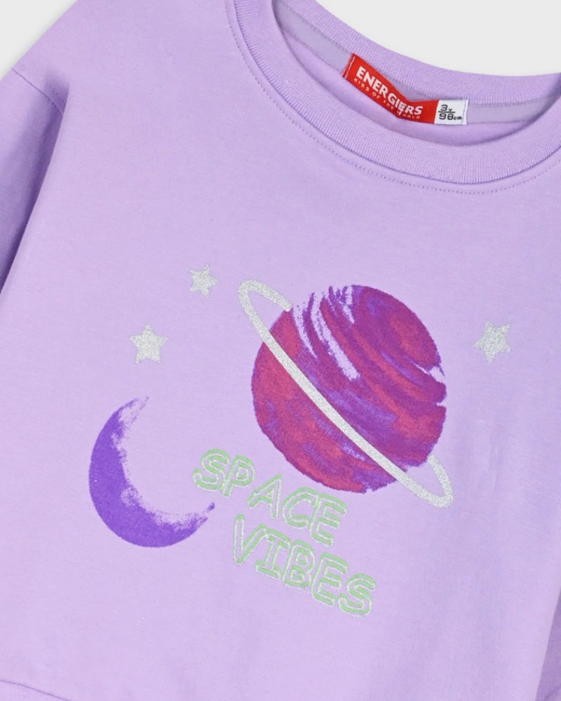 Παιδικό Σετ Φούτερ Φόρμας Με Τύπωμα Space Vibes Κορίτσι (2-6) -Μωβε- 