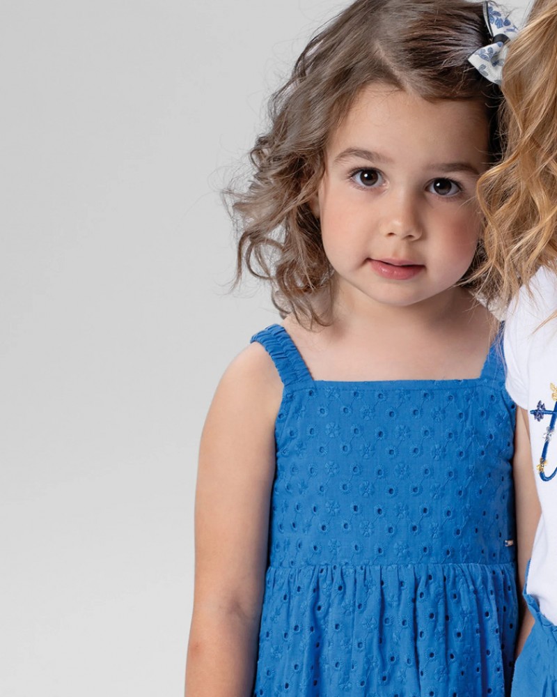 Παιδικό Φόρεμα με Τιράντα και Κοφτό Κέντημα Κορίτσι (2-6) -Μπλε- 