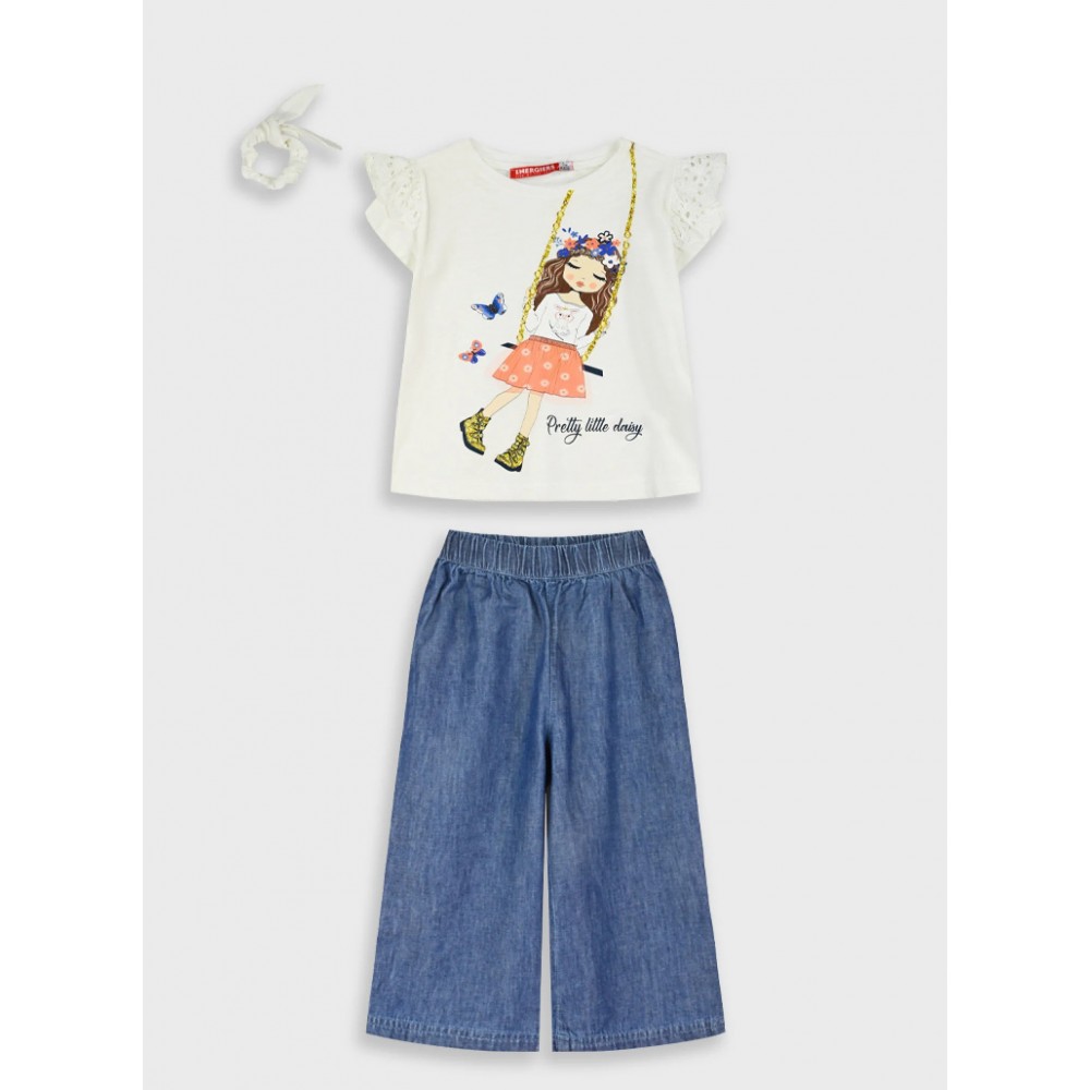 Παιδικό Σετ 3Τμχ με Μπλούζα Pretty Little Daisy, Τζιν Παντελόνα και Κοκαλάκι Κορίτσι (2-6) -Μπλε Τζην- 15-226322-0
