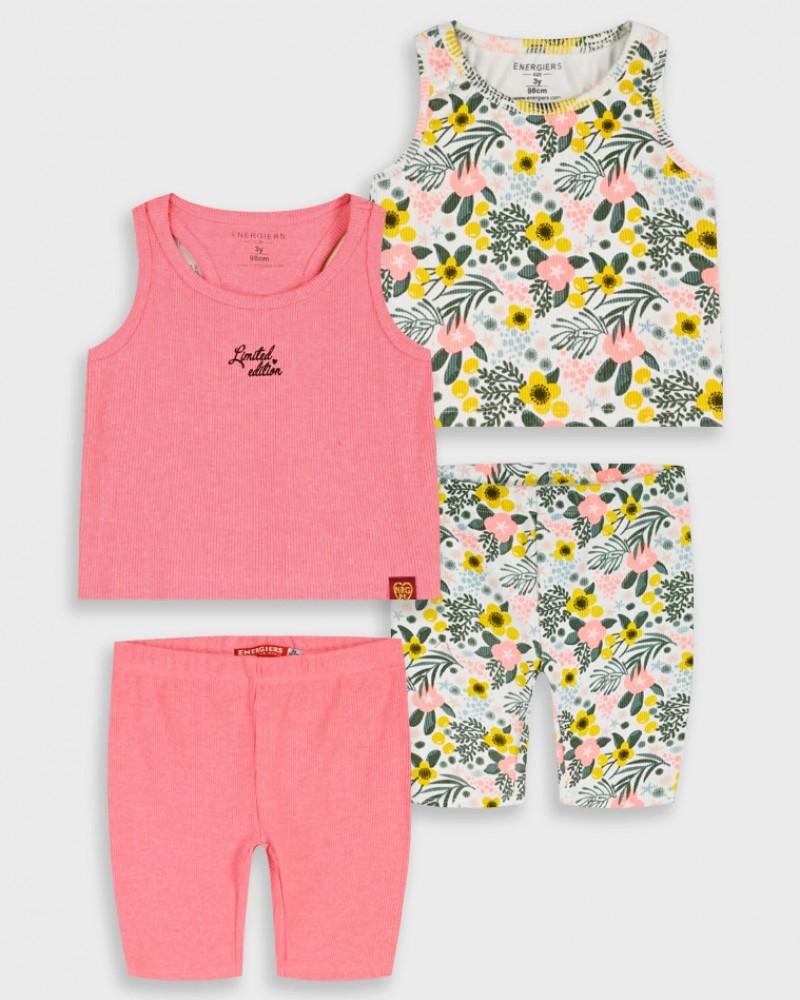 Παιδικό Σετ 4 Τεμαχίων με Ριπ Μπλούζες Αμάνικες και Ποδηλατικά Κολάν Κορίτσι (2-6) -Neon Ροζ- 