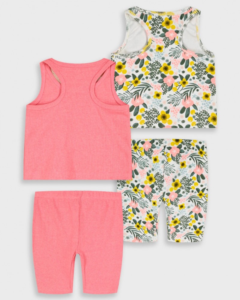 Παιδικό Σετ 4 Τεμαχίων με Ριπ Μπλούζες Αμάνικες και Ποδηλατικά Κολάν Κορίτσι (2-6) -Neon Ροζ- 