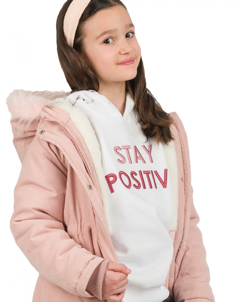 Εφηβική Φούτερ Μπλούζα Με Κουκούλα Hoodie και Κέντημα Stay Positive Κορίτσι -Εκρού- 16-123210-5