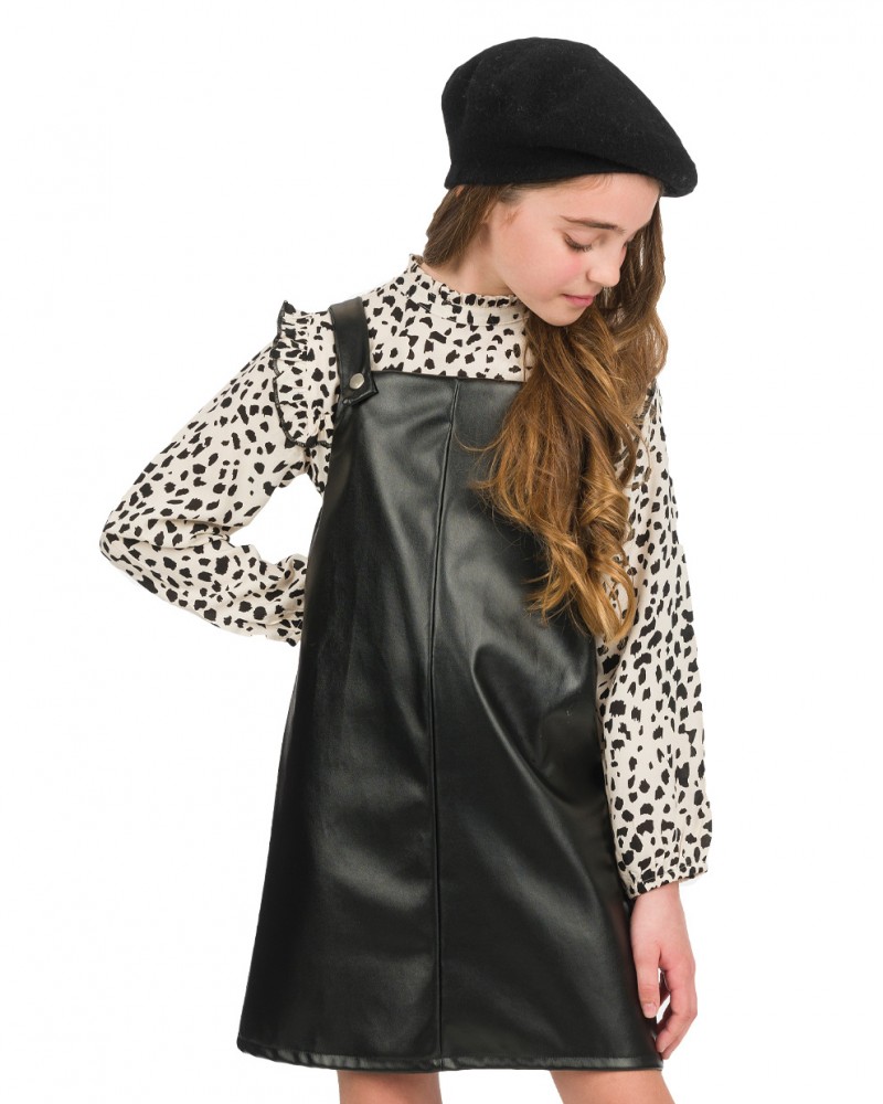 Εφηβικό Φόρεμα Σαραφάν από Δερματίνη Fashion Leather Trend Κορίτσι -Μαύρο- 16-123210-7
