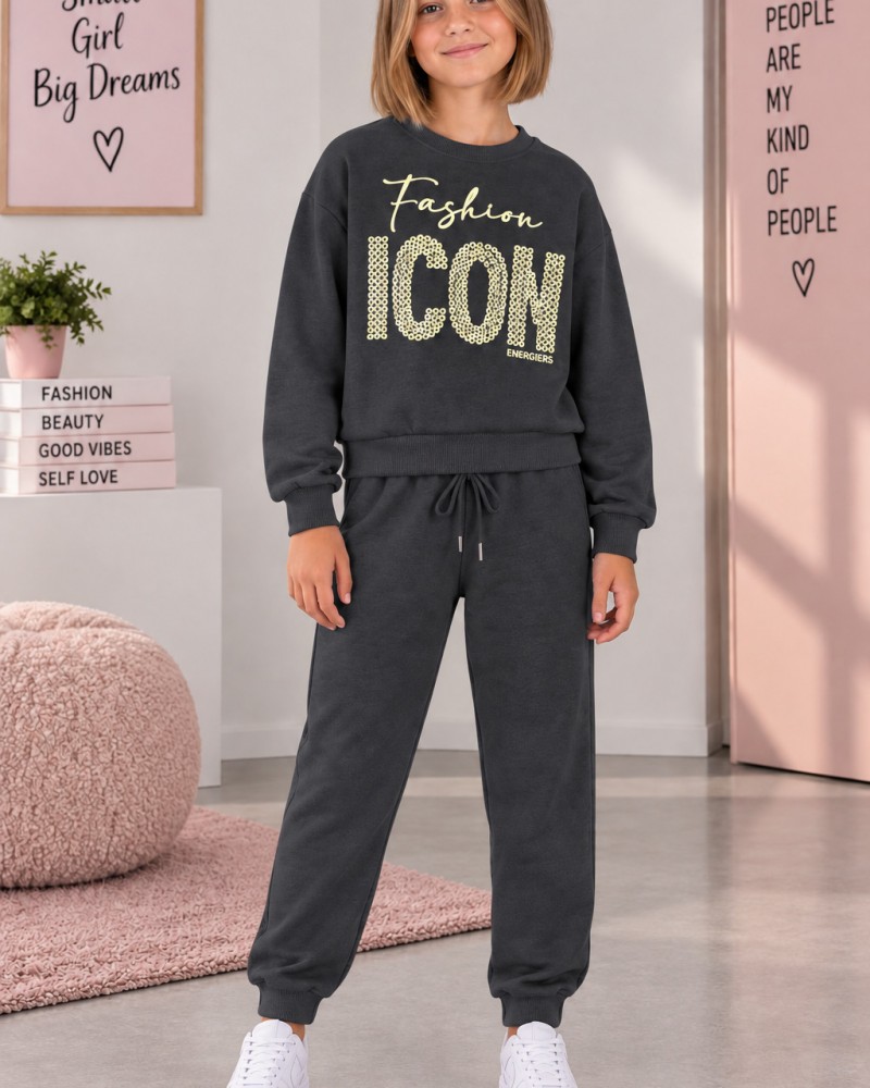 Εφηβικό Σετ Φούτερ Φόρμα με Τύπωμα Fashion Icon για Κορίτσι (6-16) -Ανθρακί- 