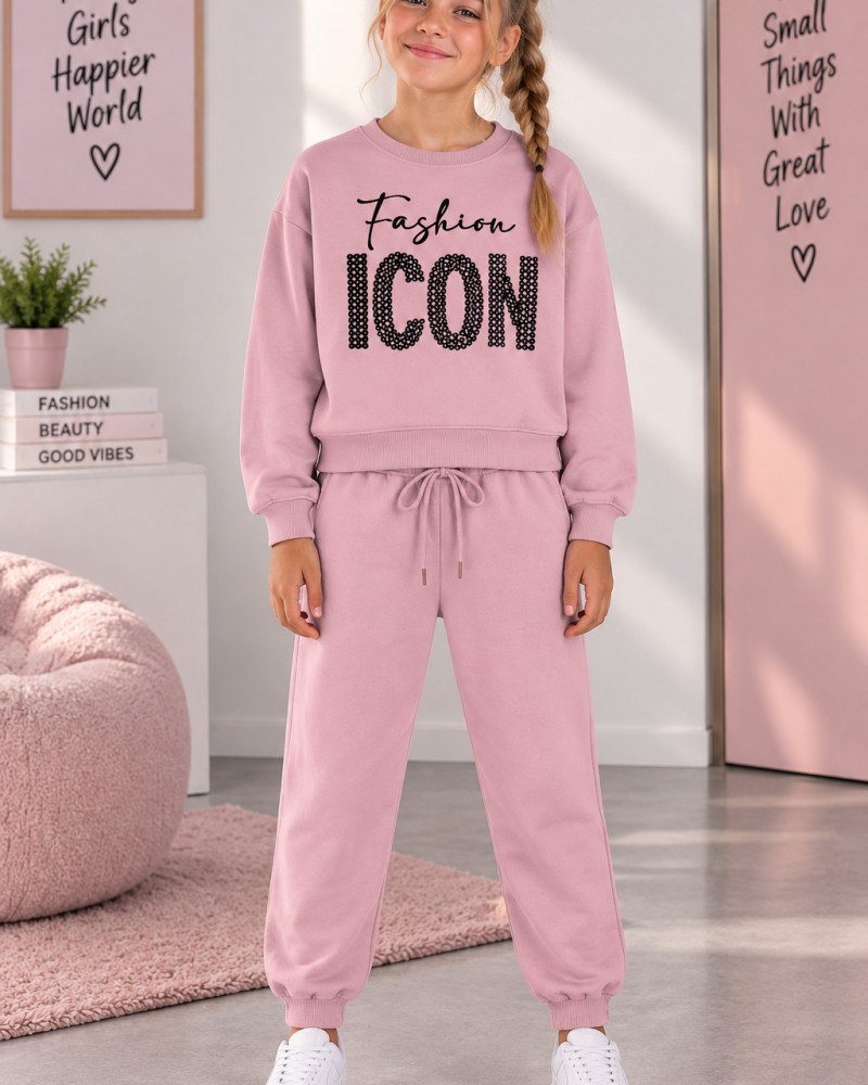 Εφηβικό Σετ Φούτερ Φόρμα με Τύπωμα Fashion Icon για Κορίτσι (6-16) -Περλέ- 