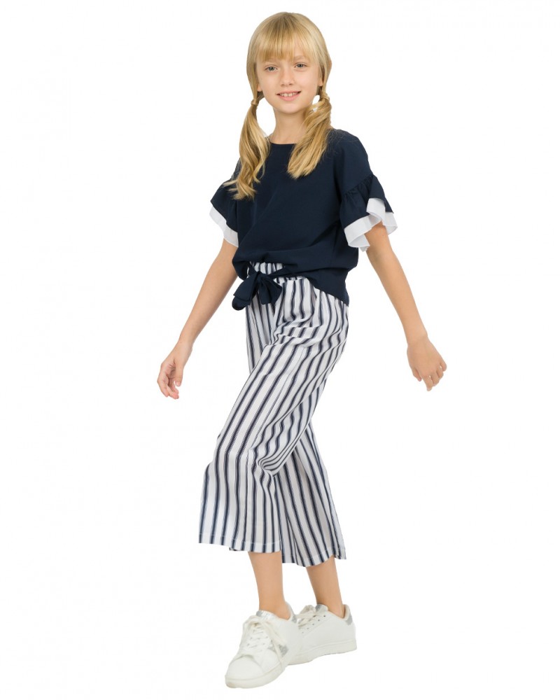 Εφηβικό Clothing Fashion Σετ, Μπλούζα Βολάν Και Ριγέ Παντελόνα Κορίτσι -Ριγέ- 16-223219-0