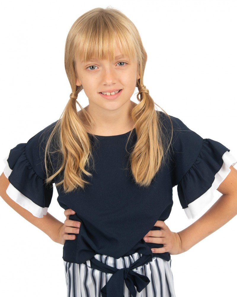 Εφηβικό Clothing Fashion Σετ, Μπλούζα Βολάν Και Ριγέ Παντελόνα Κορίτσι -Ριγέ- 16-223219-0