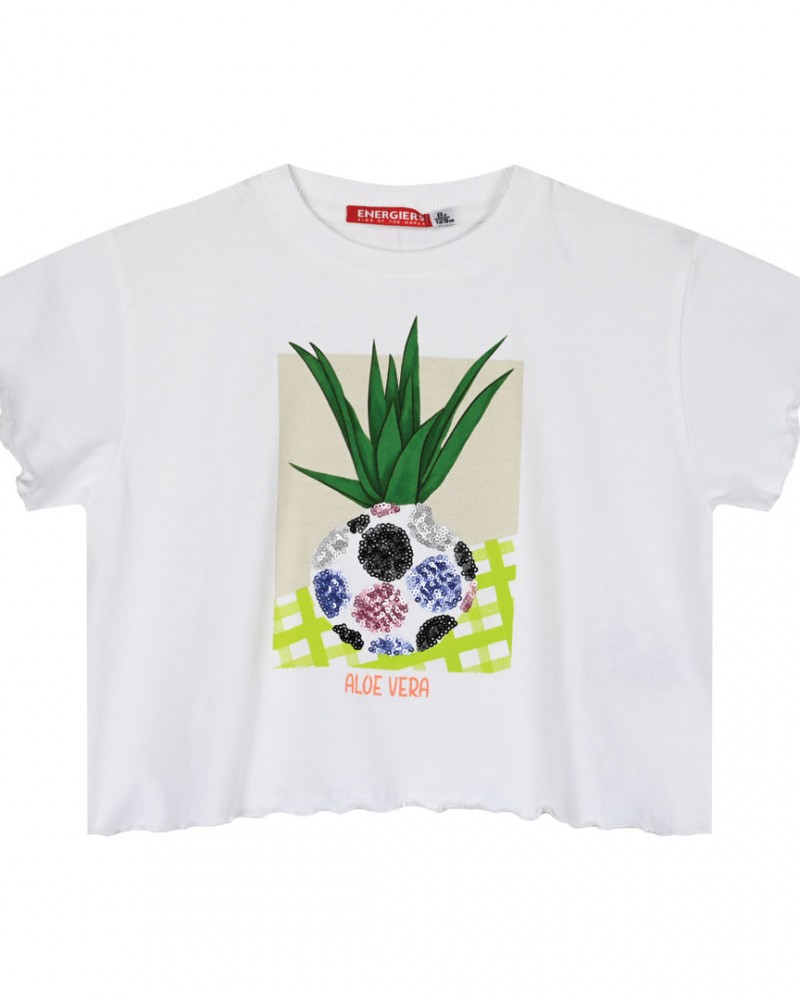 Εφηβική Crop Top Βαμβακερή Μπλούζα Aloe Vera Κορίτσι -Λευκό- 16-224234-5