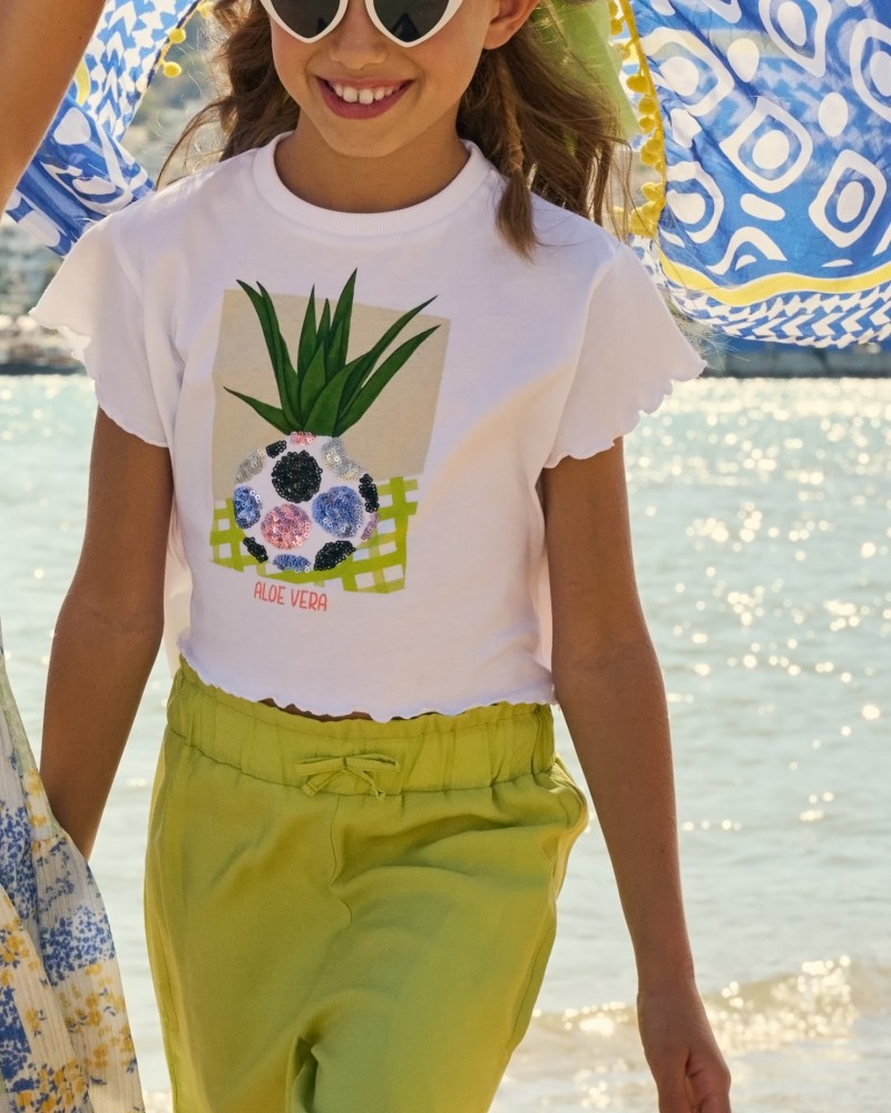 Εφηβική Crop Top Βαμβακερή Μπλούζα Aloe Vera Κορίτσι -Λευκό- 16-224234-5