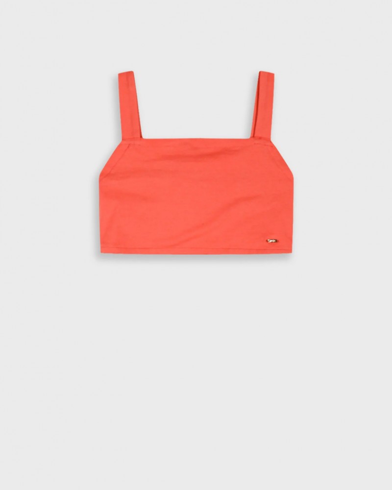 Εφηβικό Crop Top Μπλουζάκι με Τιράντα Κορίτσι (6-16) -Κοραλλί- 